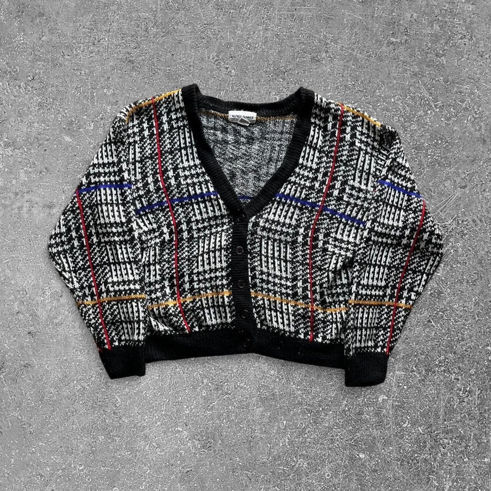 Alfred Dunner Vintage Plaid Cardigan Sweater Mens Large Black Multi Acrylic Knit